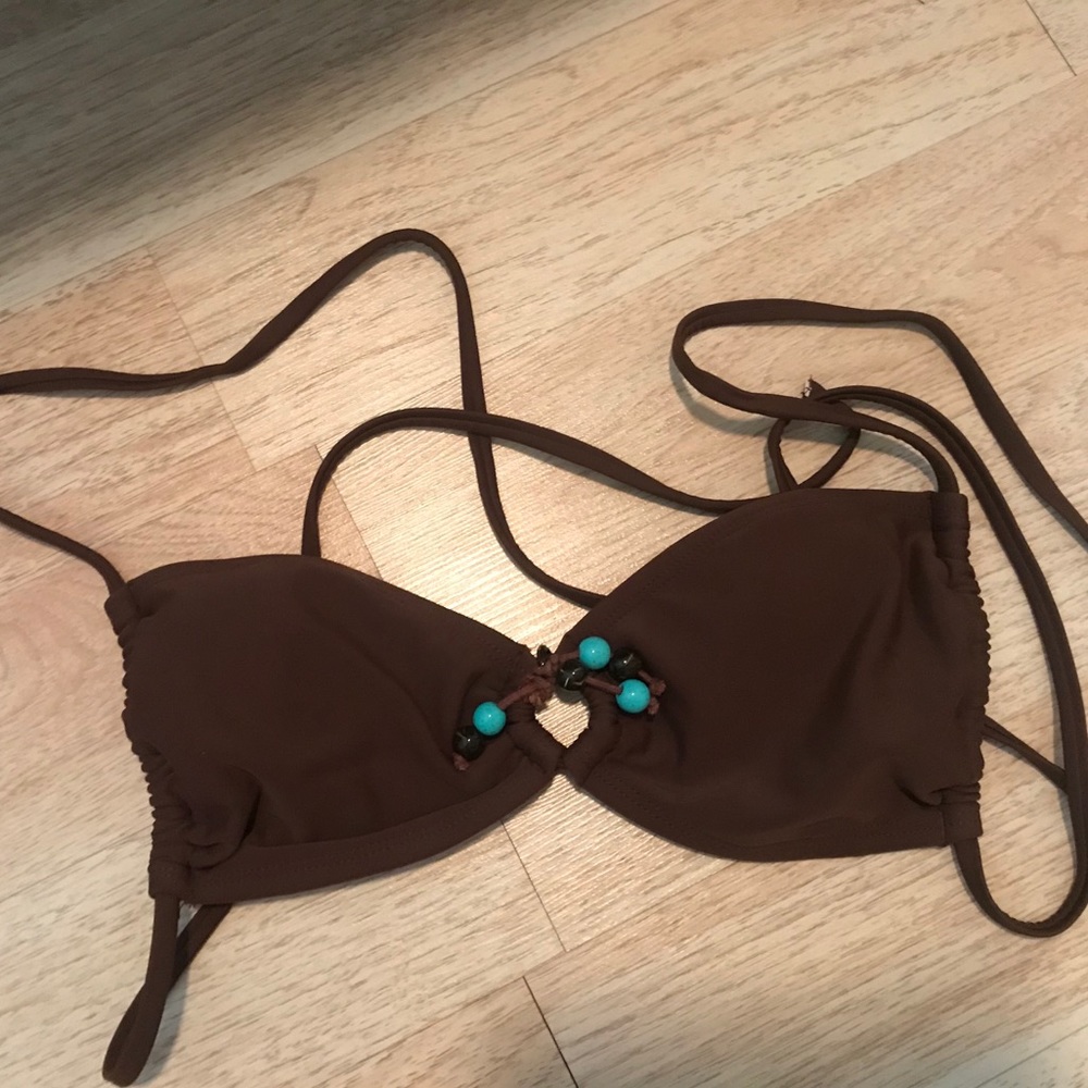 Brown bikini top with teal/aqua beads
